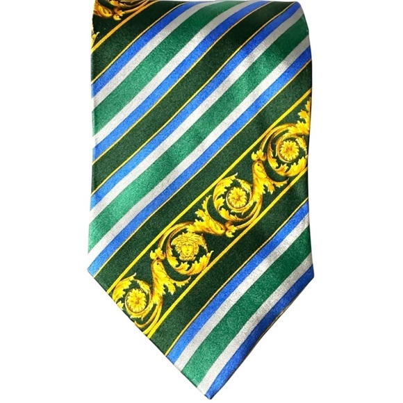 Authentic VERSACE 100% Silk Gold Blue & Green Scroll Stripe Men’s Neck Tie - Picture 3 of 8